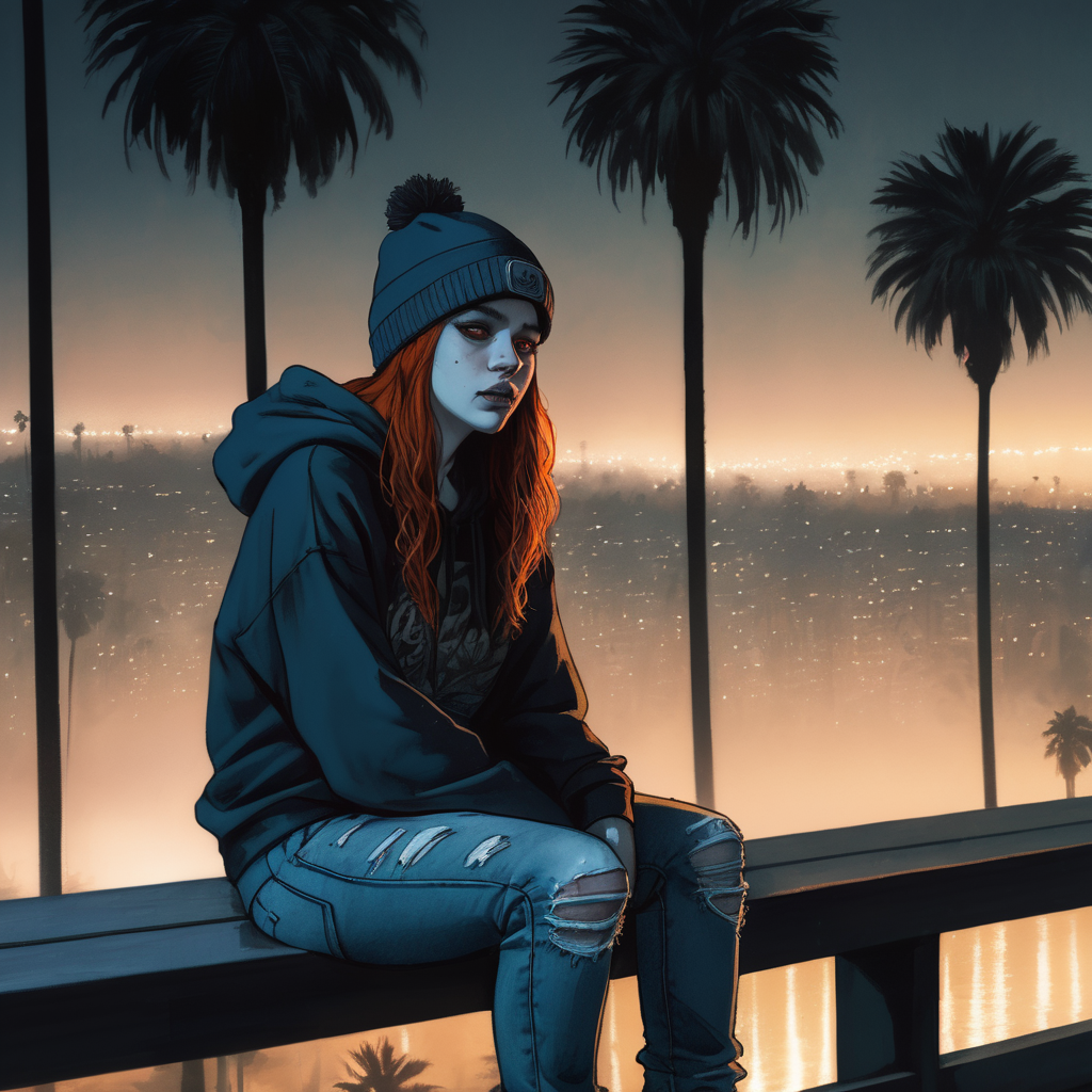 10882-4025364082-VtmArt, drawing of a ginger haired girl wearing a beanie and grunge clothes sitting on a railing in los angeles, melancholy, fog.png